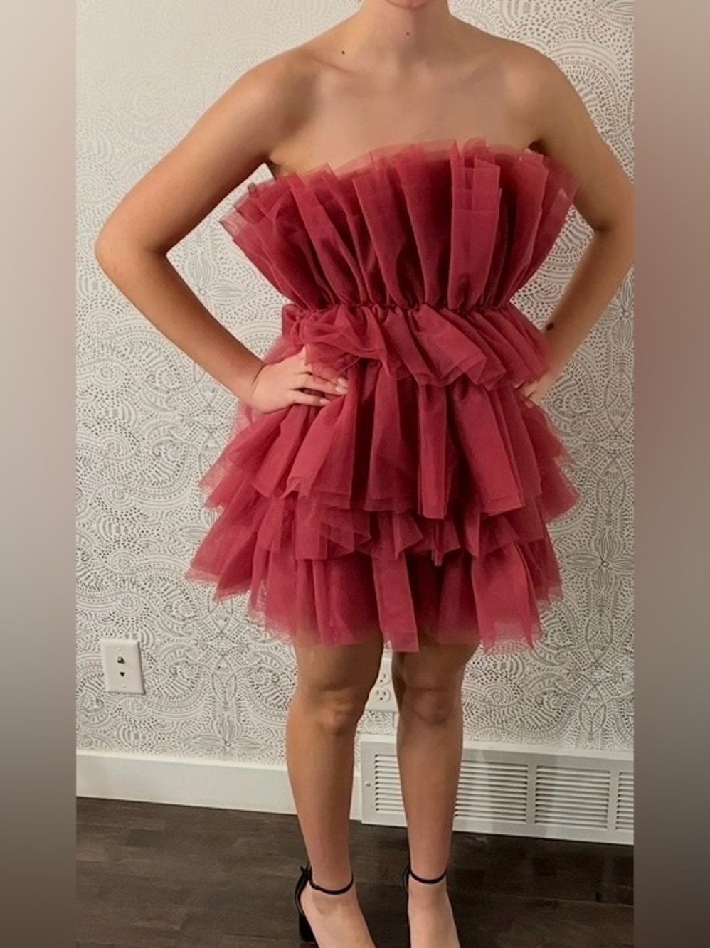 Altar'd State Strapless Rose Pink Layered Tulle Mini Dress